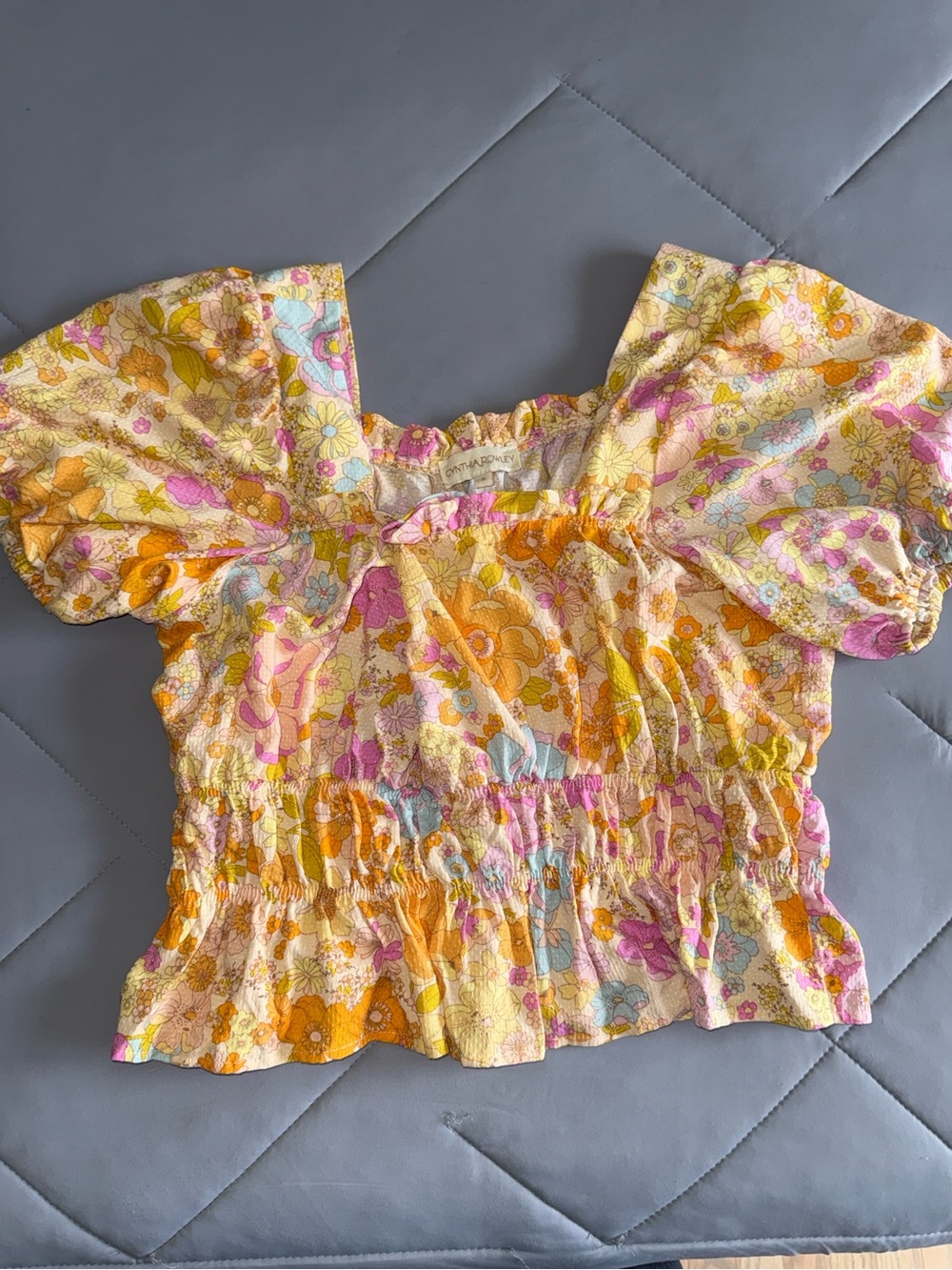 Cynthia Rowley Floral Puff Sleeve Peplum Top in Yellow, Pink, Blue